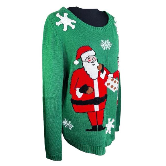 Christmas Ugly Sweater Woman's Santa Mrs Claus Cookies Green W Snowflakes Sz XL - Picture 2 of 11